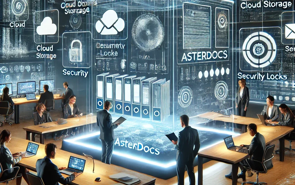 High-tech office environment with people working and holographic data displays related to cybersecurity.