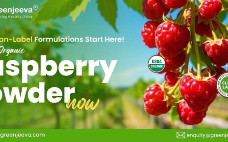 A vibrant banner featuring fresh raspberries, promoting Greenjeeva's organic Raspberry Powder with USDA Organic and Clean Label certifications.