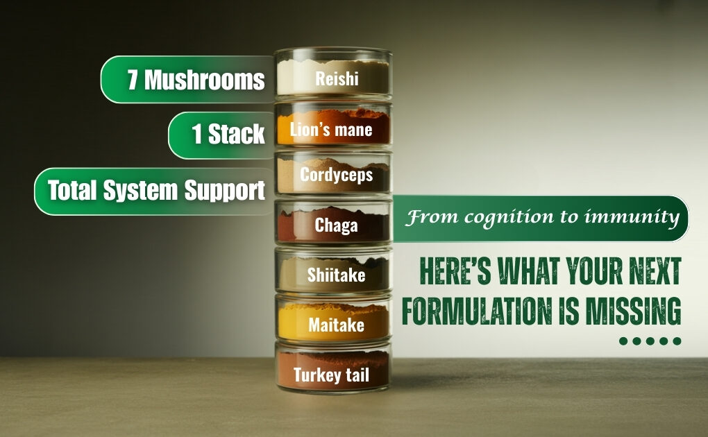 Seven jars contain mushroom powders labeled Reishi, Lion’s Mane, Cordyceps, Chaga, Shiitake, Maitake, and Turkey Tail, promoting health support.