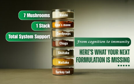 Seven jars contain mushroom powders labeled Reishi, Lion’s Mane, Cordyceps, Chaga, Shiitake, Maitake, and Turkey Tail, promoting health support.
