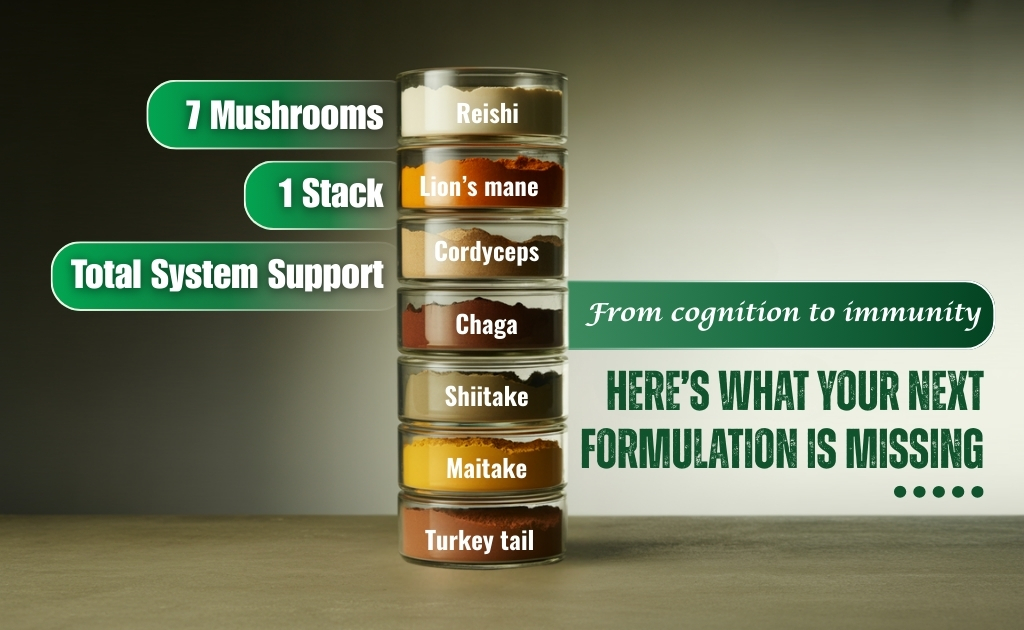 Seven jars contain mushroom powders labeled Reishi, Lion’s Mane, Cordyceps, Chaga, Shiitake, Maitake, and Turkey Tail, promoting health support.