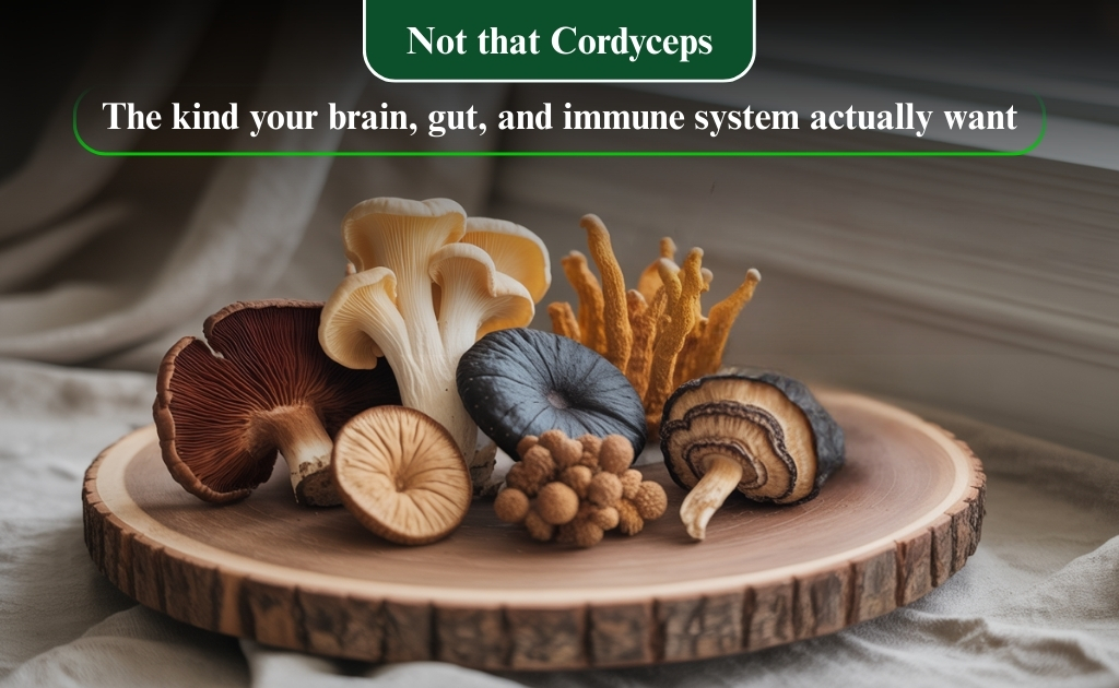A wooden platter showcases various edible mushrooms.