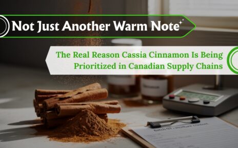 Cassia cinnamon stick on the pile of cinnamon powder in the background
