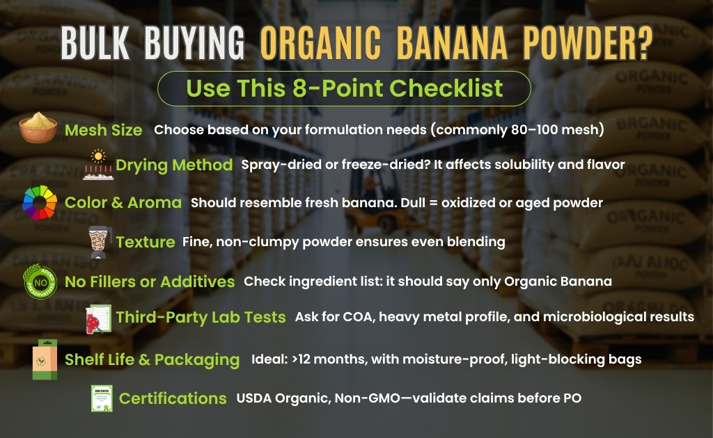 Bulk packaging of organic banana powder displayed on a wooden table, emphasizing its natural and healthy appeal.
