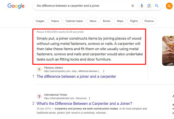Google search result showing the difference between a carpenter and a joiner.