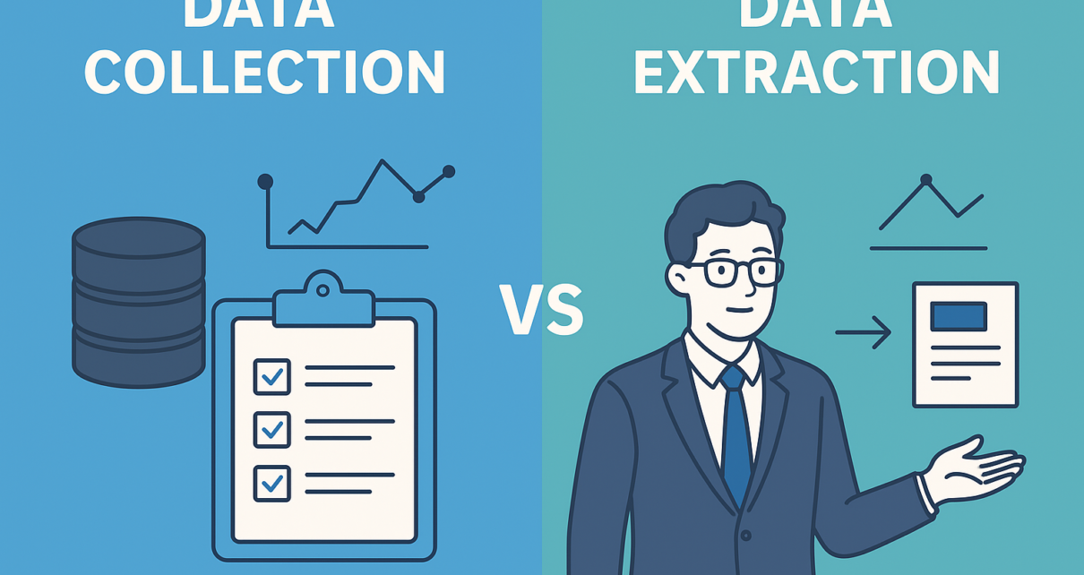Illustration comparing data collection and data extraction with graphs and consultant.