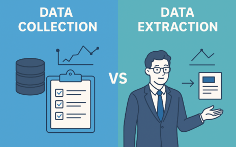 Illustration comparing data collection and data extraction with graphs and consultant.