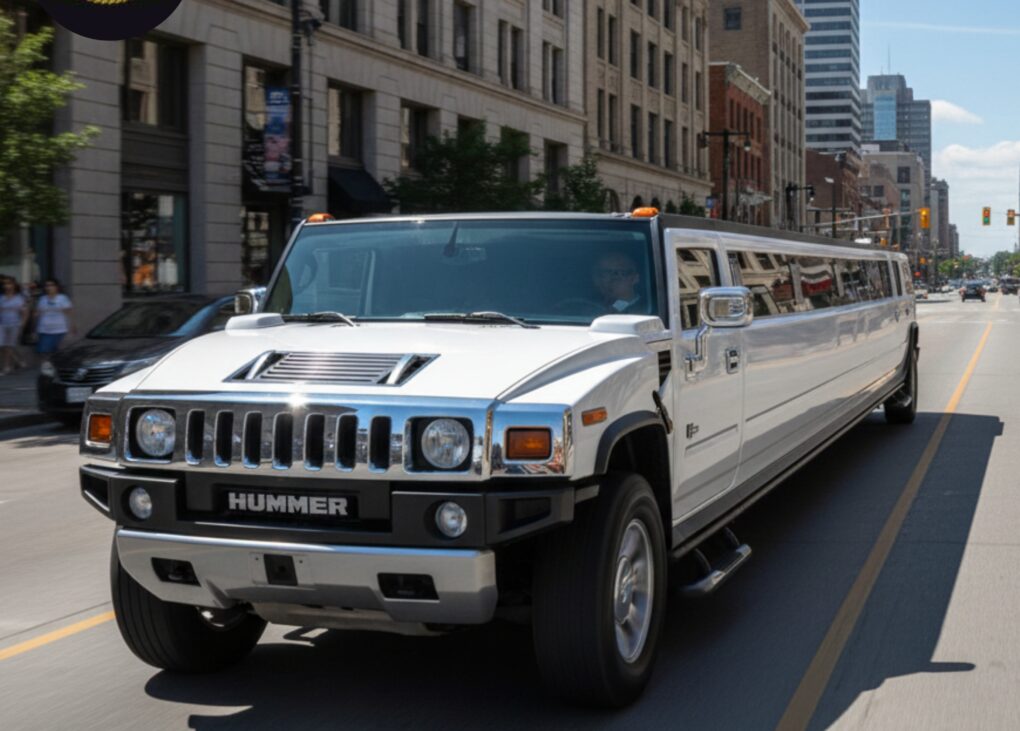 White Hummer stretch limousine driving through the city for AAA VIP Limos.