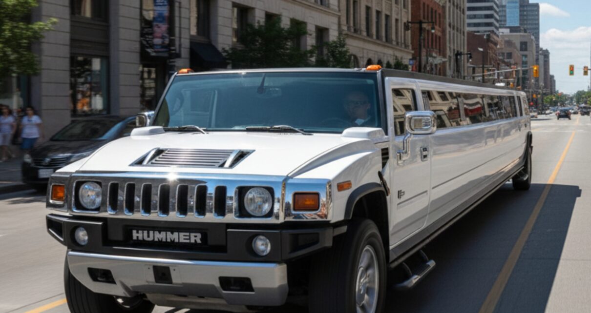 White Hummer stretch limousine driving through the city for AAA VIP Limos.