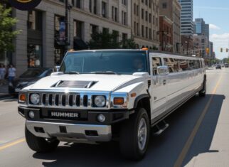 White Hummer stretch limousine driving through the city for AAA VIP Limos.