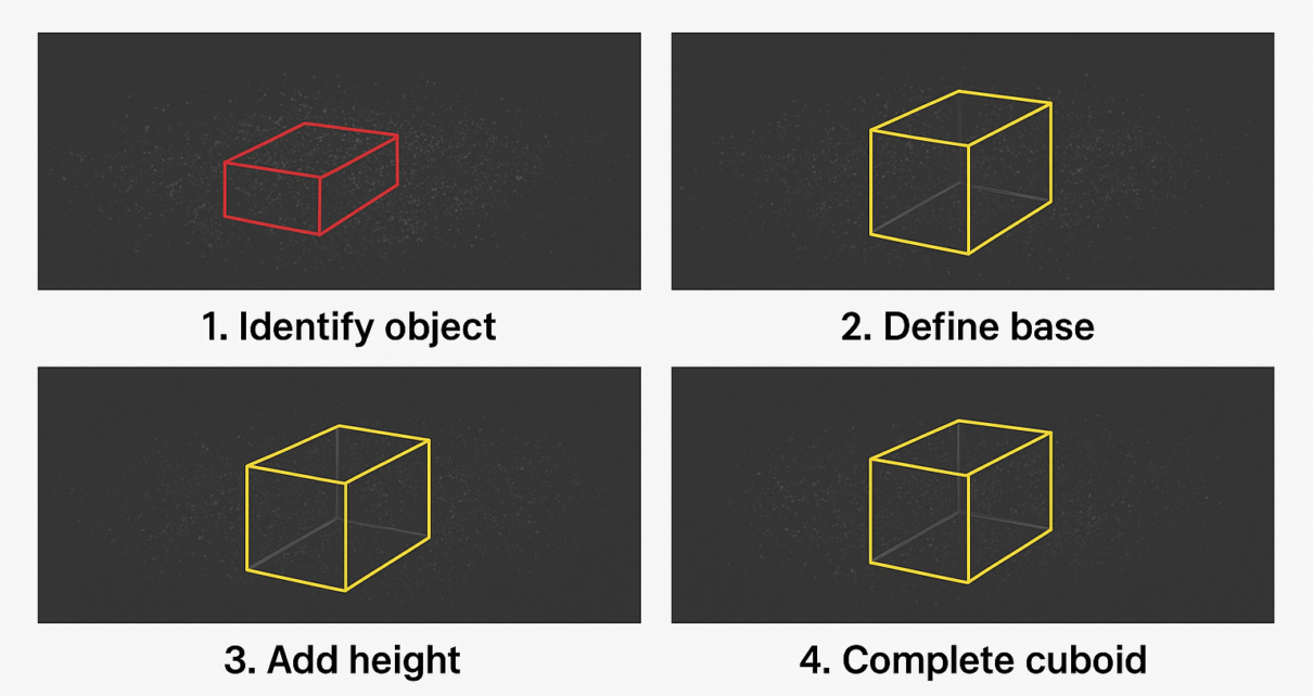 Step-by-step process of annotating a 3D cuboid in LiDAR point cloud data showing how to identify the object, define the base, add height, and complete the cuboid.