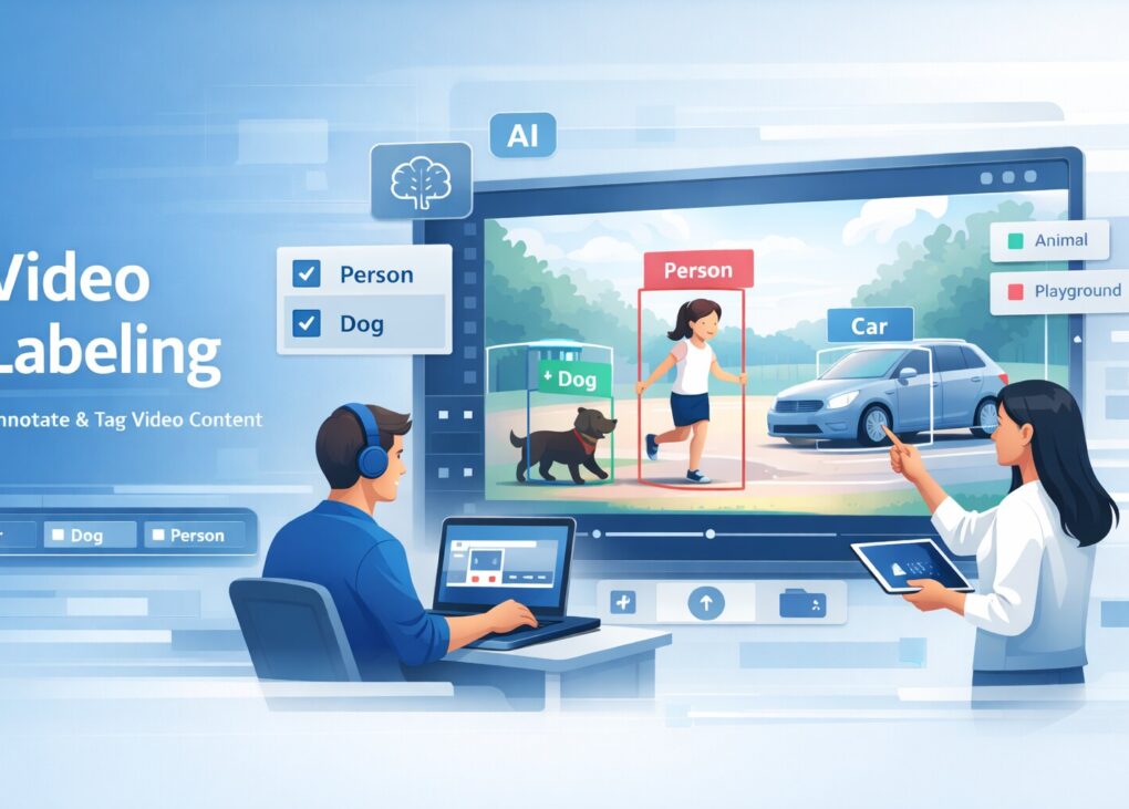 Video labeling and annotation process showing AI training data with labeled people, cars, and objects