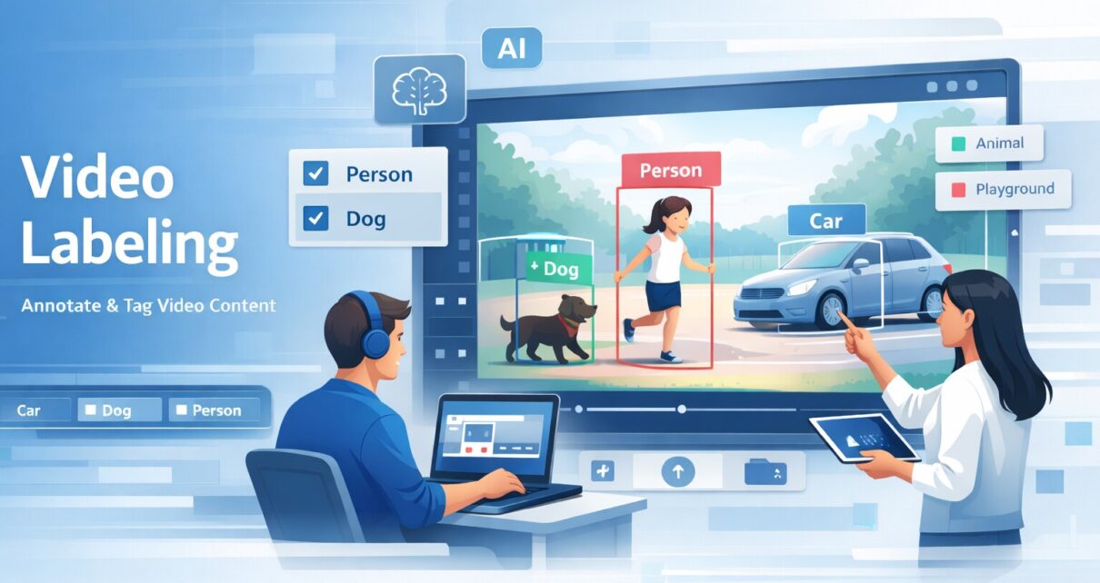 Video labeling and annotation process showing AI training data with labeled people, cars, and objects