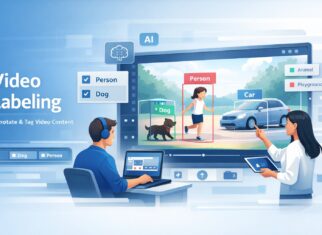 Video labeling and annotation process showing AI training data with labeled people, cars, and objects