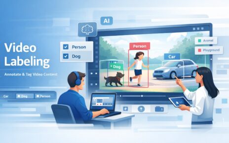 Video labeling and annotation process showing AI training data with labeled people, cars, and objects