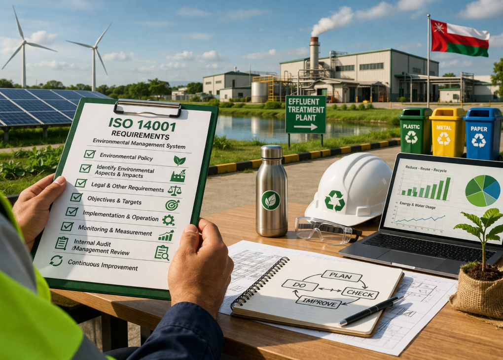 Worker reviewing ISO 14001 requirements with sustainability tools, factory, and renewable energy setup.