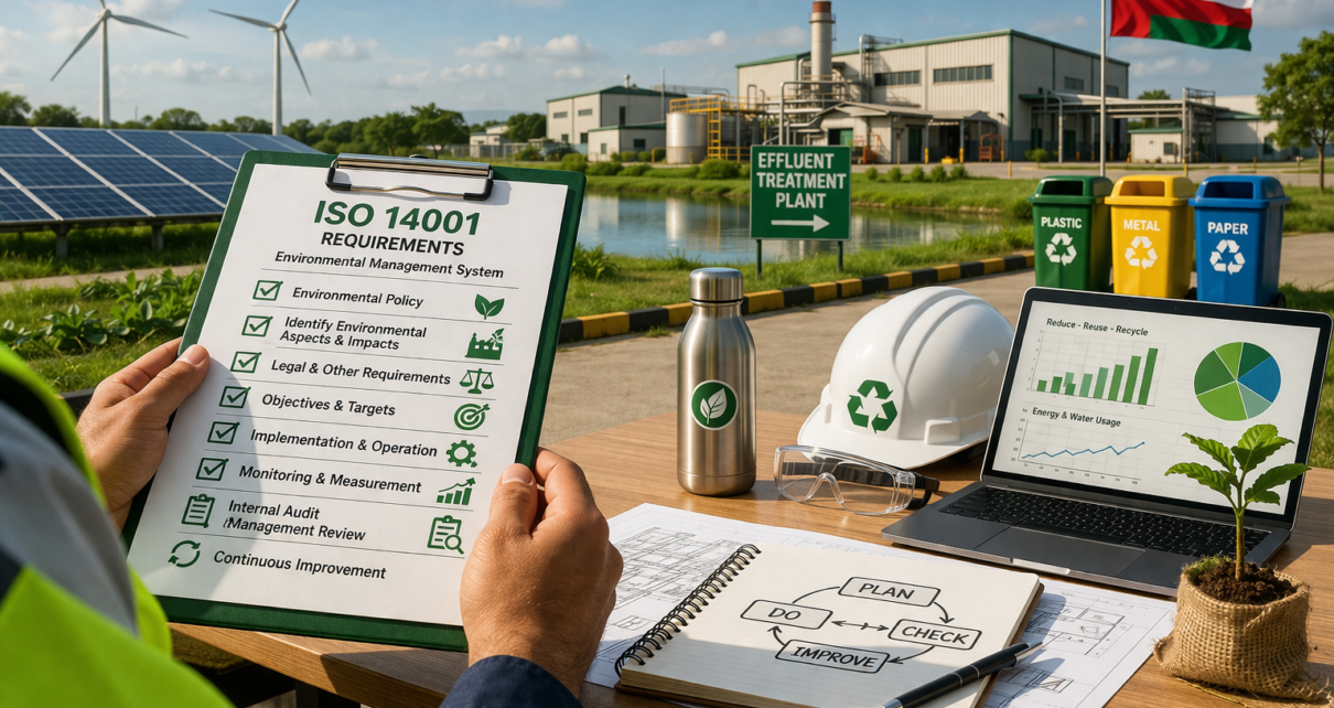 Worker reviewing ISO 14001 requirements with sustainability tools, factory, and renewable energy setup.