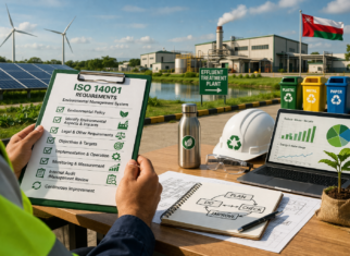 Worker reviewing ISO 14001 requirements with sustainability tools, factory, and renewable energy setup.