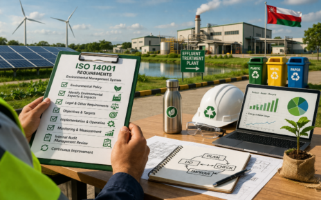 Worker reviewing ISO 14001 requirements with sustainability tools, factory, and renewable energy setup.