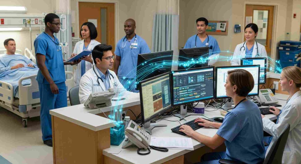 Healthcare team using a Hospital Management System to update patient information and manage hospital workflows in real time