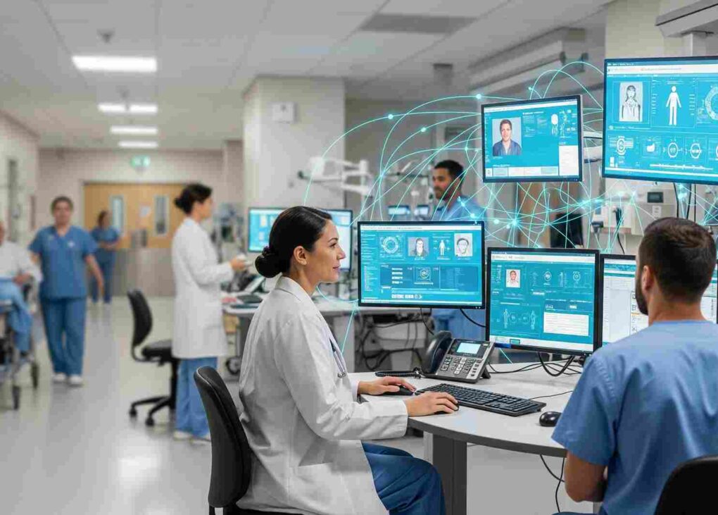 Medical staff using a Hospital Management System to access patient records, monitor data, and coordinate hospital operations efficiently