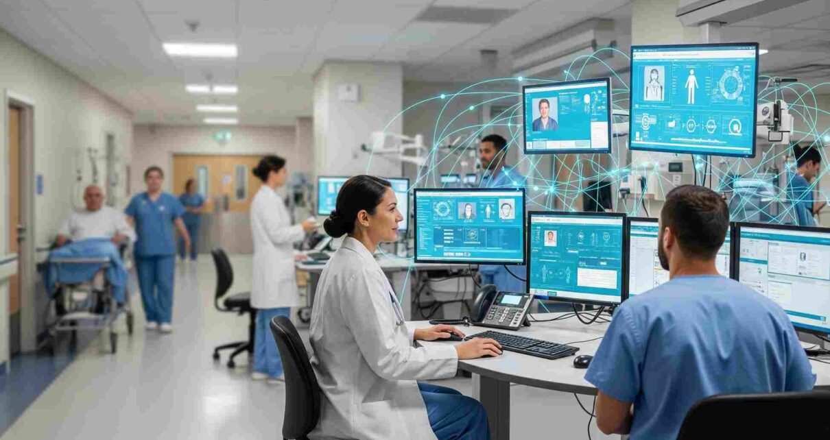 Medical staff using a Hospital Management System to access patient records, monitor data, and coordinate hospital operations efficiently