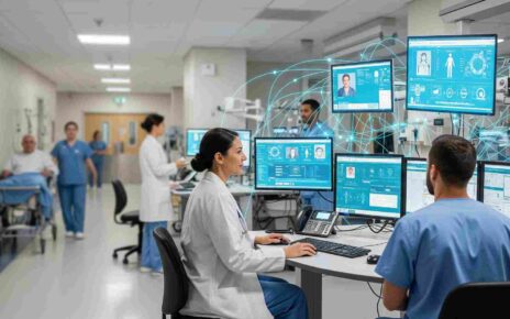 Medical staff using a Hospital Management System to access patient records, monitor data, and coordinate hospital operations efficiently