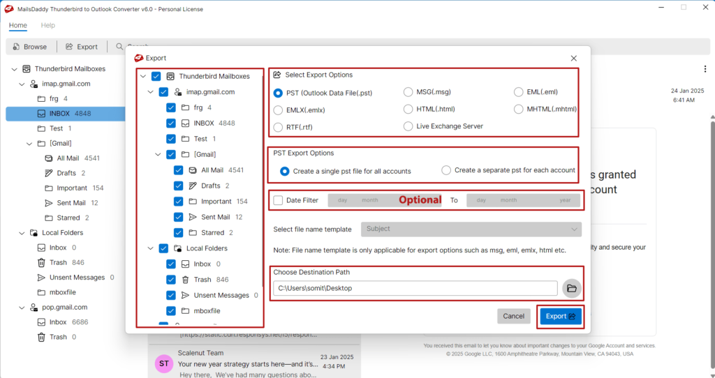 export thunderbird to pst