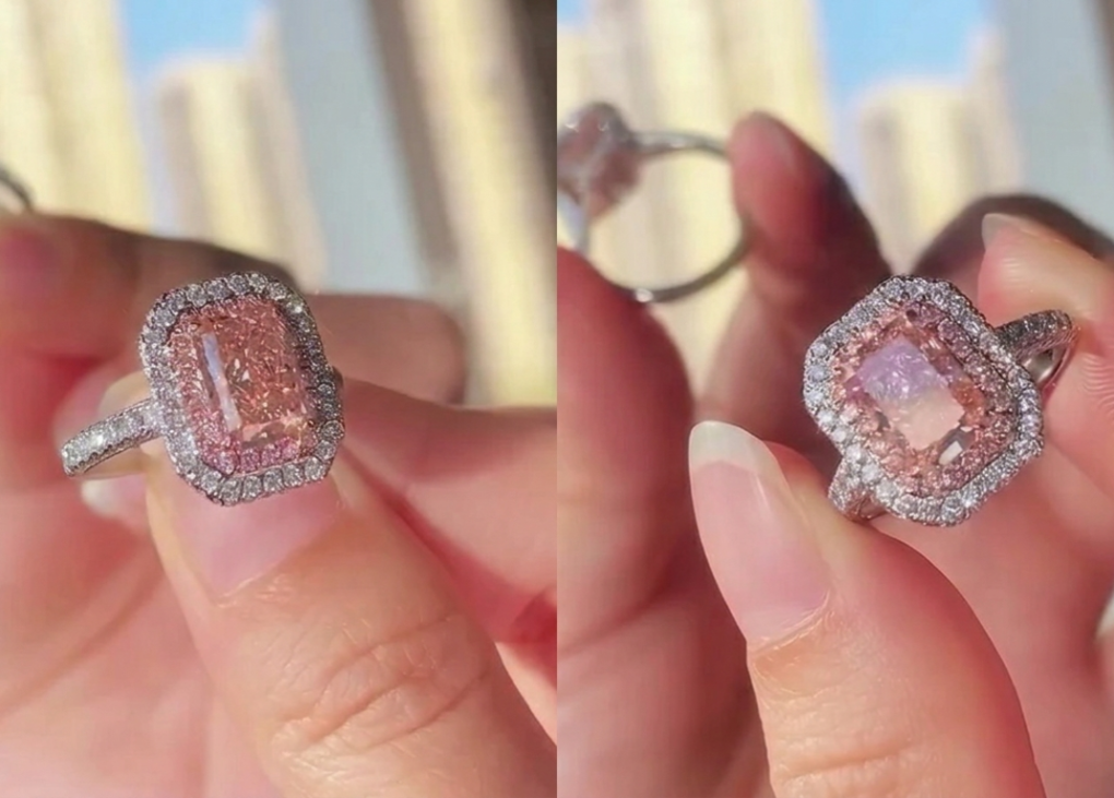 Pink radiant cut diamond ring with double halo setting in white metal band