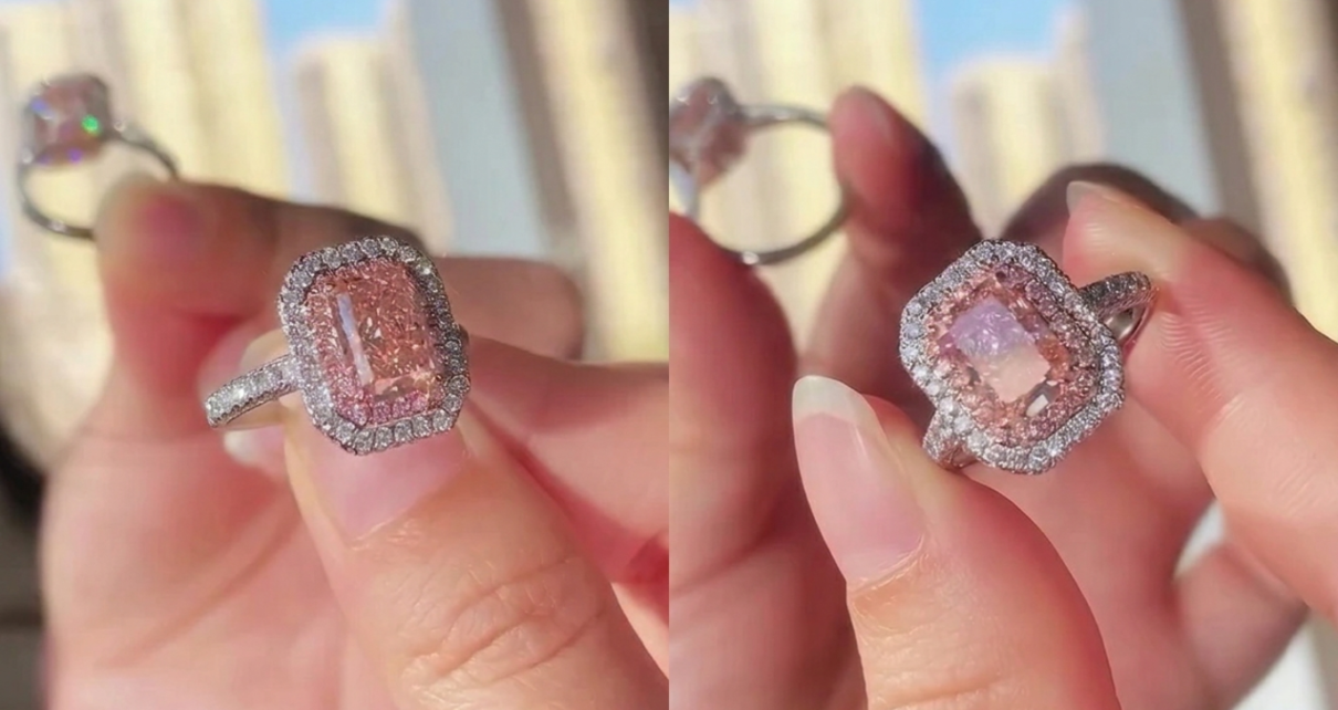 Pink radiant cut diamond ring with double halo setting in white metal band