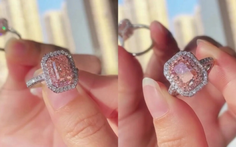 Pink radiant cut diamond ring with double halo setting in white metal band