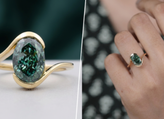 Oval green diamond ring with curved yellow gold band on hand