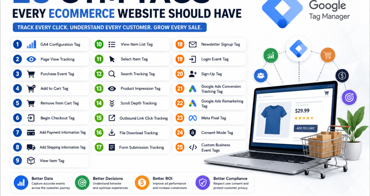 Illustration showing the 25 essential Google Tag Manager tags every eCommerce website should implement for accurate GA4 tracking, conversions, and customer journey analysis.