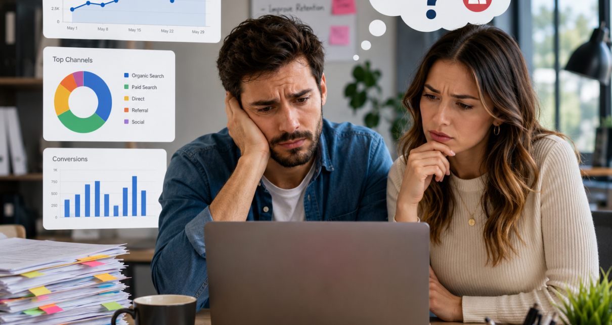 Two professionals reviewing a Google Analytics data dashboard filled with reports and metrics, illustrating the challenge of collecting analytics data without actionable insights.