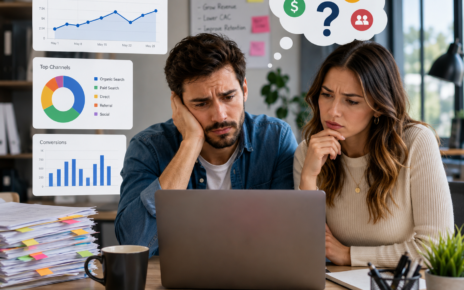 Two professionals reviewing a Google Analytics data dashboard filled with reports and metrics, illustrating the challenge of collecting analytics data without actionable insights.