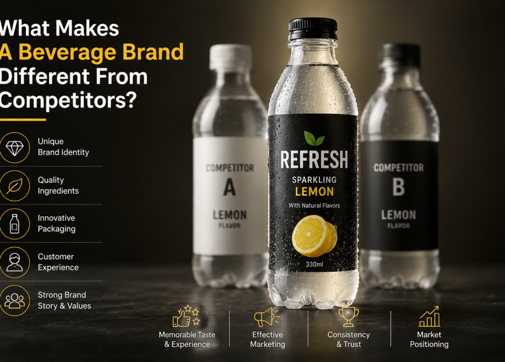 Premium beverage brand standing out from competitors through unique packaging and strong brand identity