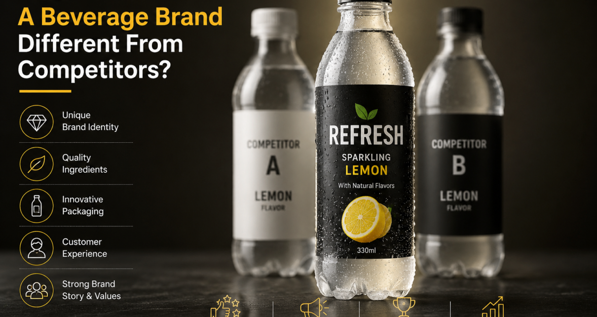 Premium beverage brand standing out from competitors through unique packaging and strong brand identity