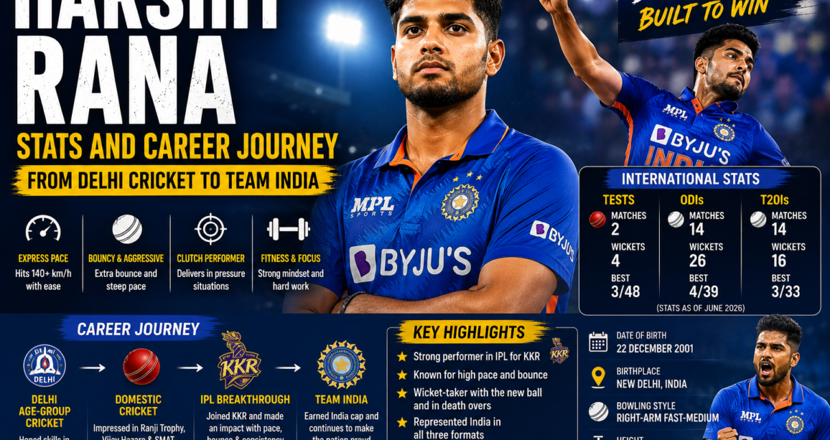 Harshit Rana stats and career journey showcasing the Indian fast bowler's rise from Delhi cricket to Team India with IPL and international achievements.