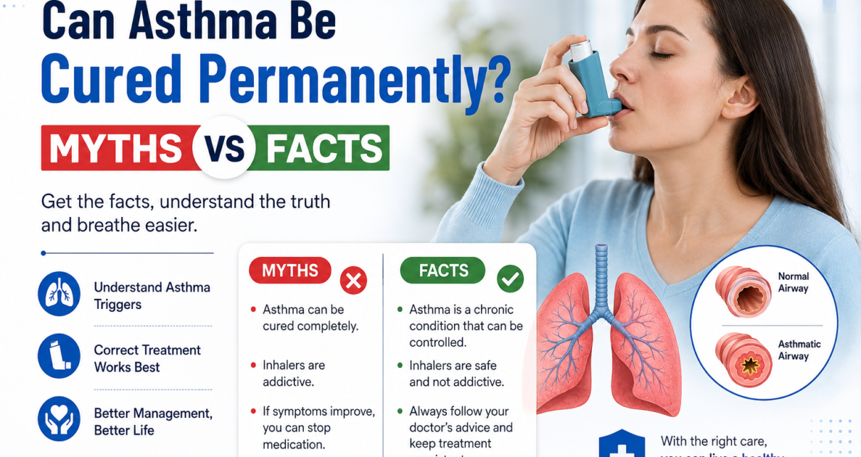 A woman using an asthma inhaler beside the headline "Can Asthma Be Cured Permanently? Myths vs Facts," with illustrations of healthy and asthmatic airways, lungs, and a comparison of common asthma myths and medical facts in a clean healthcare-themed design.