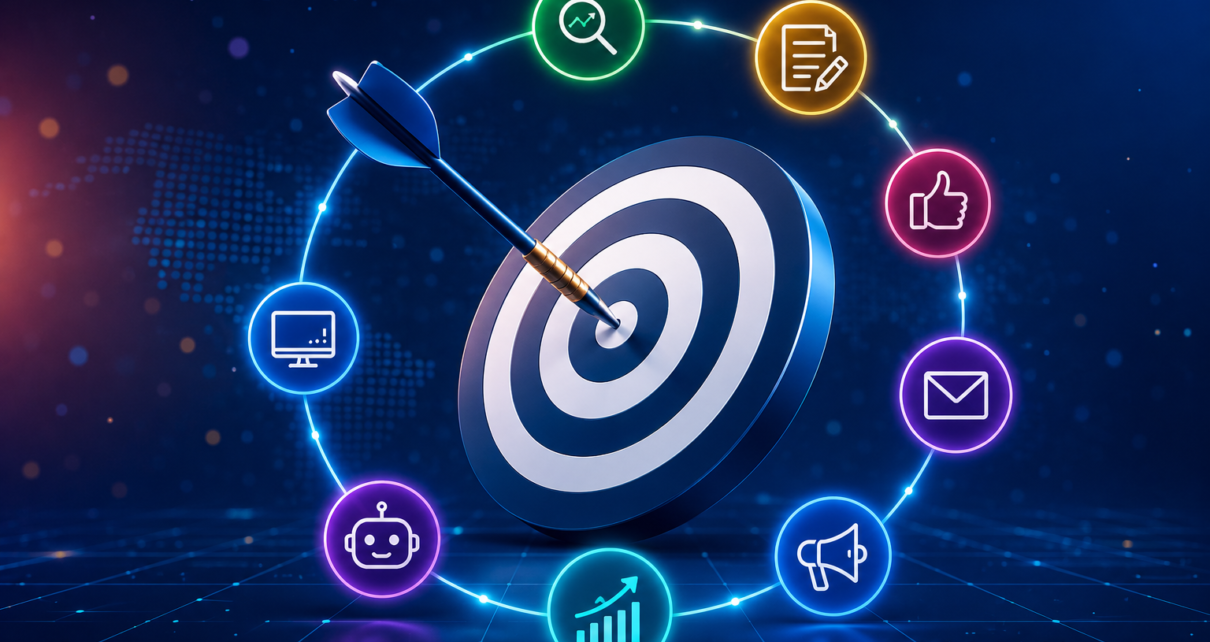 A modern 3D digital marketing concept featuring a blue target with an arrow at the center, surrounded by glowing icons representing SEO, analytics, AI, social media, email marketing, content, website optimization, and advertising on a futuristic dark blue background."