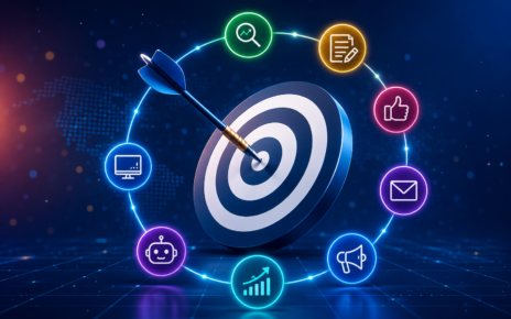A modern 3D digital marketing concept featuring a blue target with an arrow at the center, surrounded by glowing icons representing SEO, analytics, AI, social media, email marketing, content, website optimization, and advertising on a futuristic dark blue background."