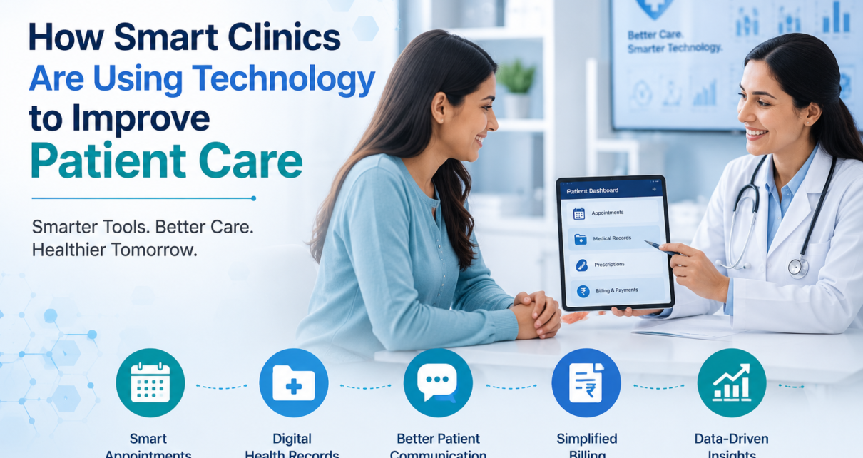 Smart clinic using technology for digital health records, appointments, patient communication, billing, and data-driven care.