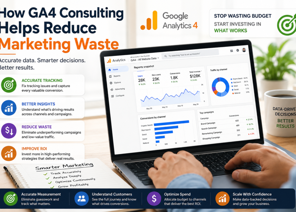 Marketing analyst using GA4 dashboard to optimize campaigns and reduce marketing waste