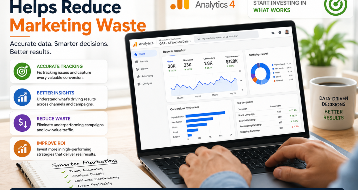 Marketing analyst using GA4 dashboard to optimize campaigns and reduce marketing waste
