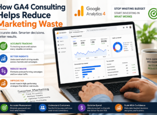 Marketing analyst using GA4 dashboard to optimize campaigns and reduce marketing waste